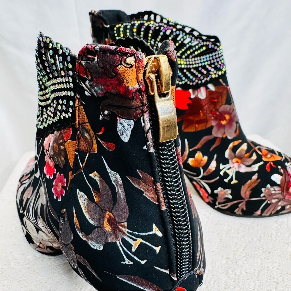 Floral Velvet Rhinestone Ankle Boots Sz 42 (US 10.5) Statement Stiletto Heel - Picture 5 of 16